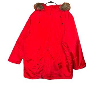 Laura Scott Woman Red Coat Size 3X FauxFur Hood Lining Edge Warm Stain On Sleeve